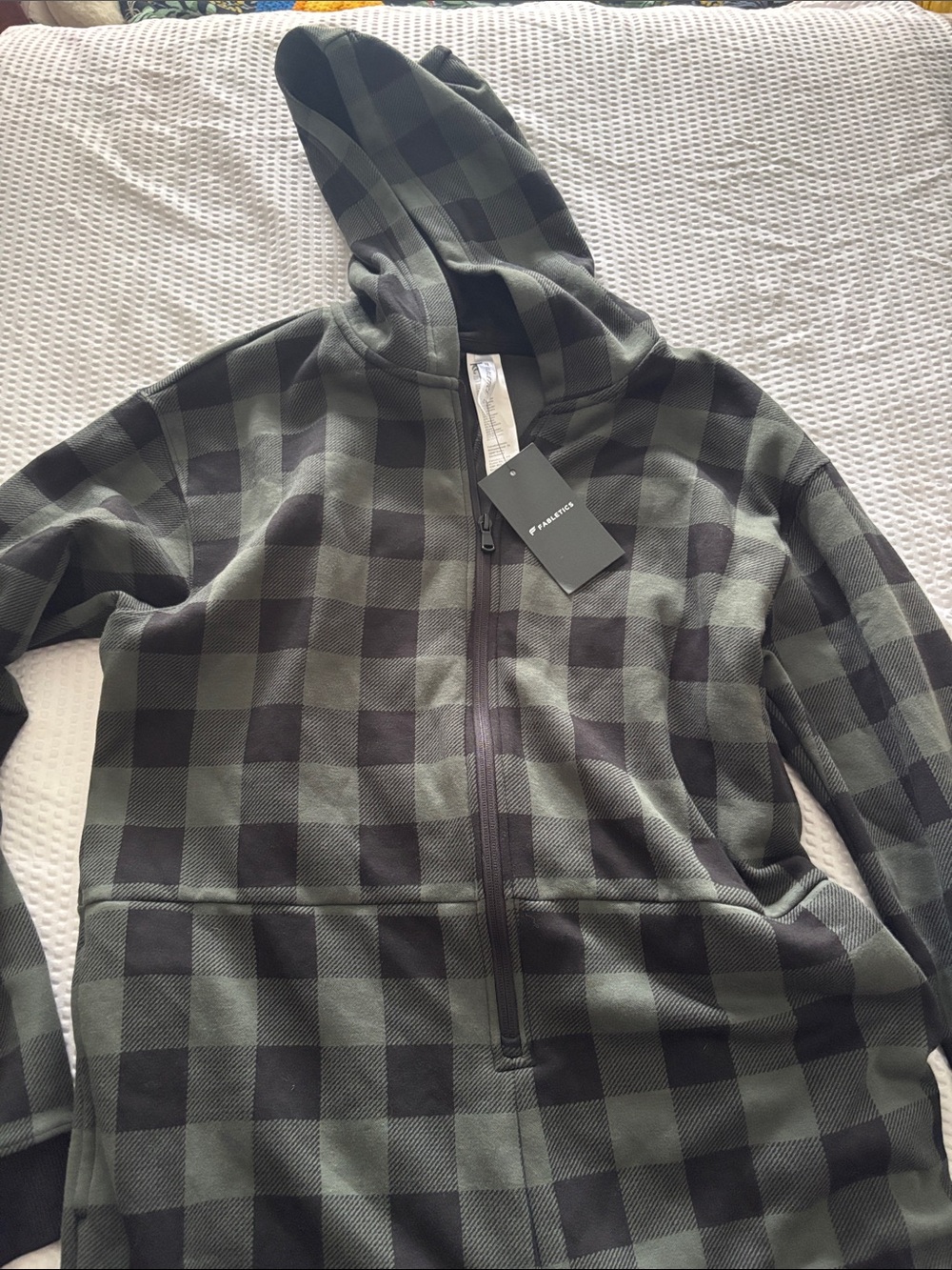 NWT Fabletics Cozy Fleece Hooded onesie Pine Shadow Buffalo Check